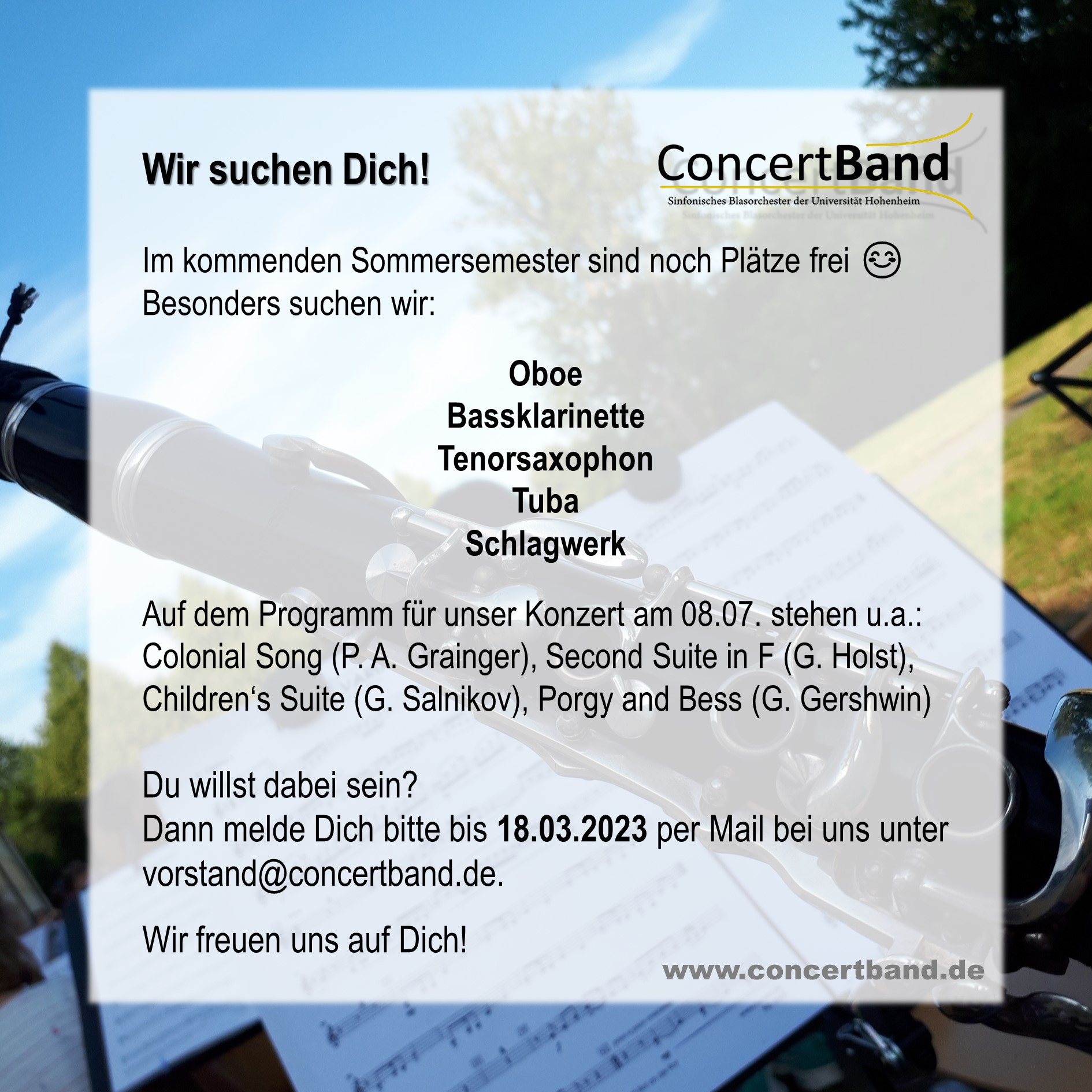 Musiker:innen für Sommersemester 2023 gesucht - Konzert 8.7.2023 - Concert Band - sinfonisches Blasorchester - Universität Hohenheim - Stuttgart