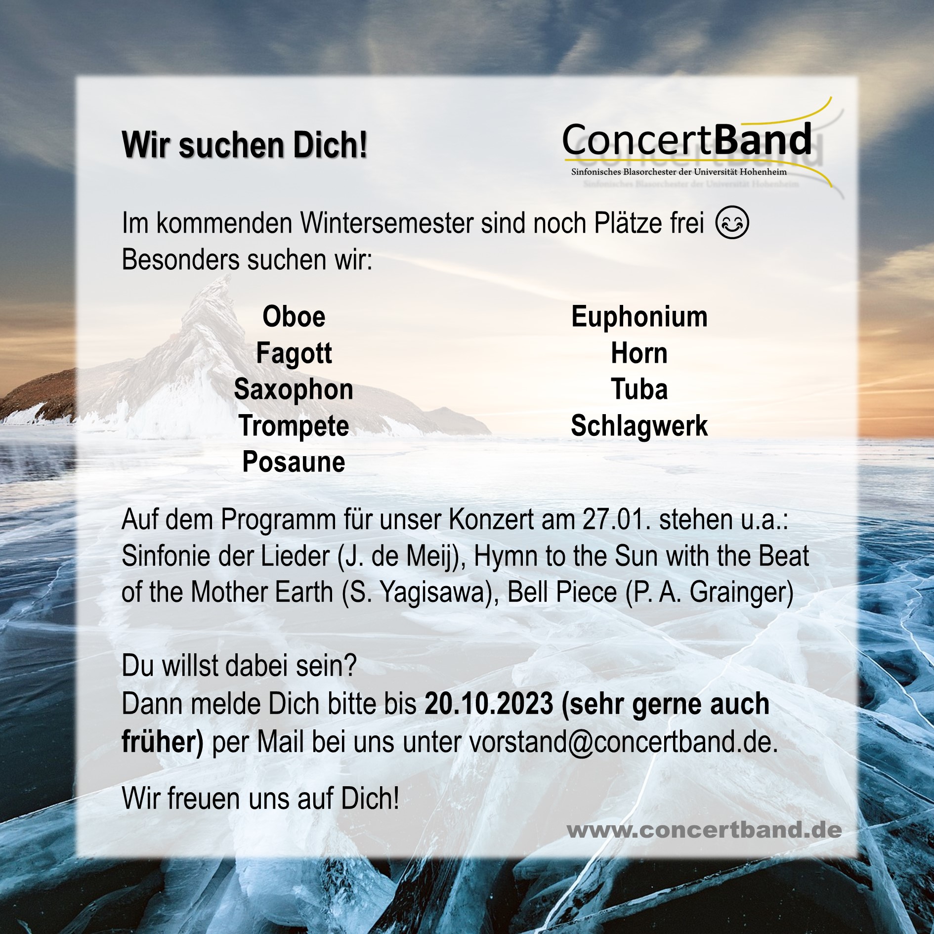 Musiker:innen für Wintersemester 202372024 gesucht - Konzert 27.1.2024 - Concert Band - sinfonisches Blasorchester - Universität Hohenheim - Stuttgart
